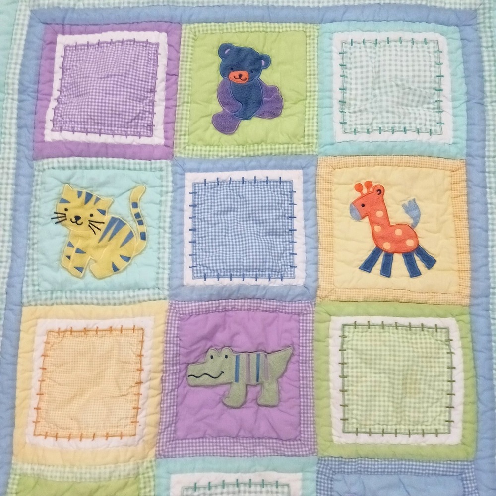 Tiddliwinks Baby Toddler Quilt Patchwork Blanket Animals Blue Yellow 35" × 44"